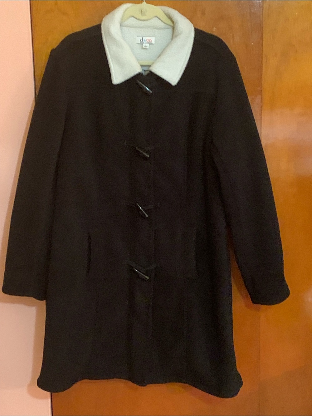 Denim&Co Black Toggle Winter Coat with Cream Collar 2 way zipper L